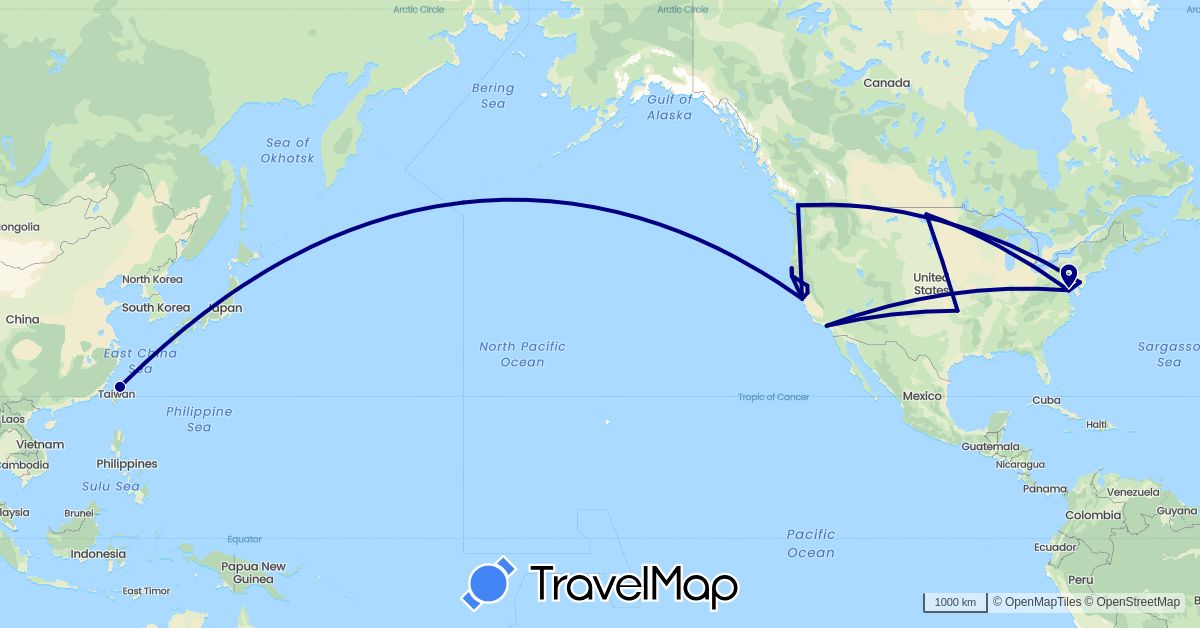 TravelMap itinerary: driving in Canada, Taiwan, United States (Asia, North America)